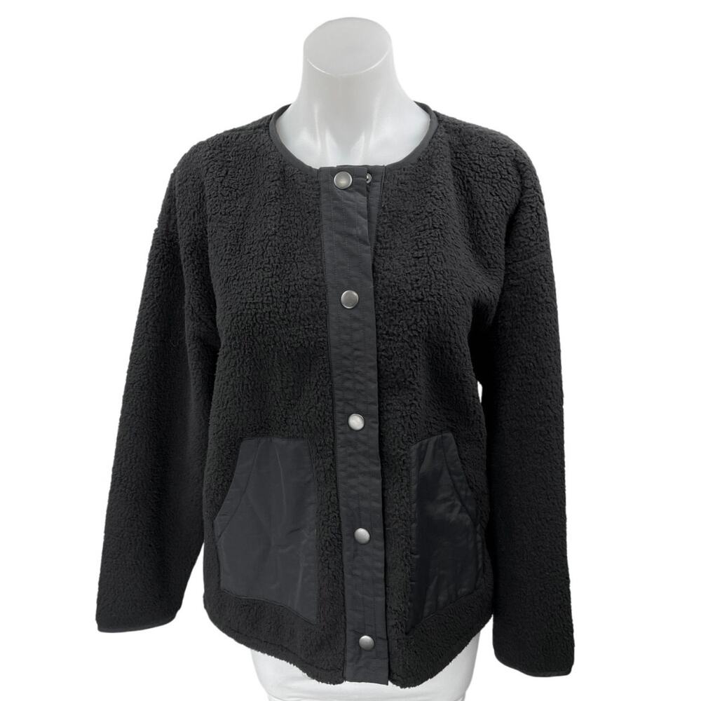 J.Crew Black Faux Shearling Teddy Sherpa Fleece Button Down  Sweater Jacket Sz L